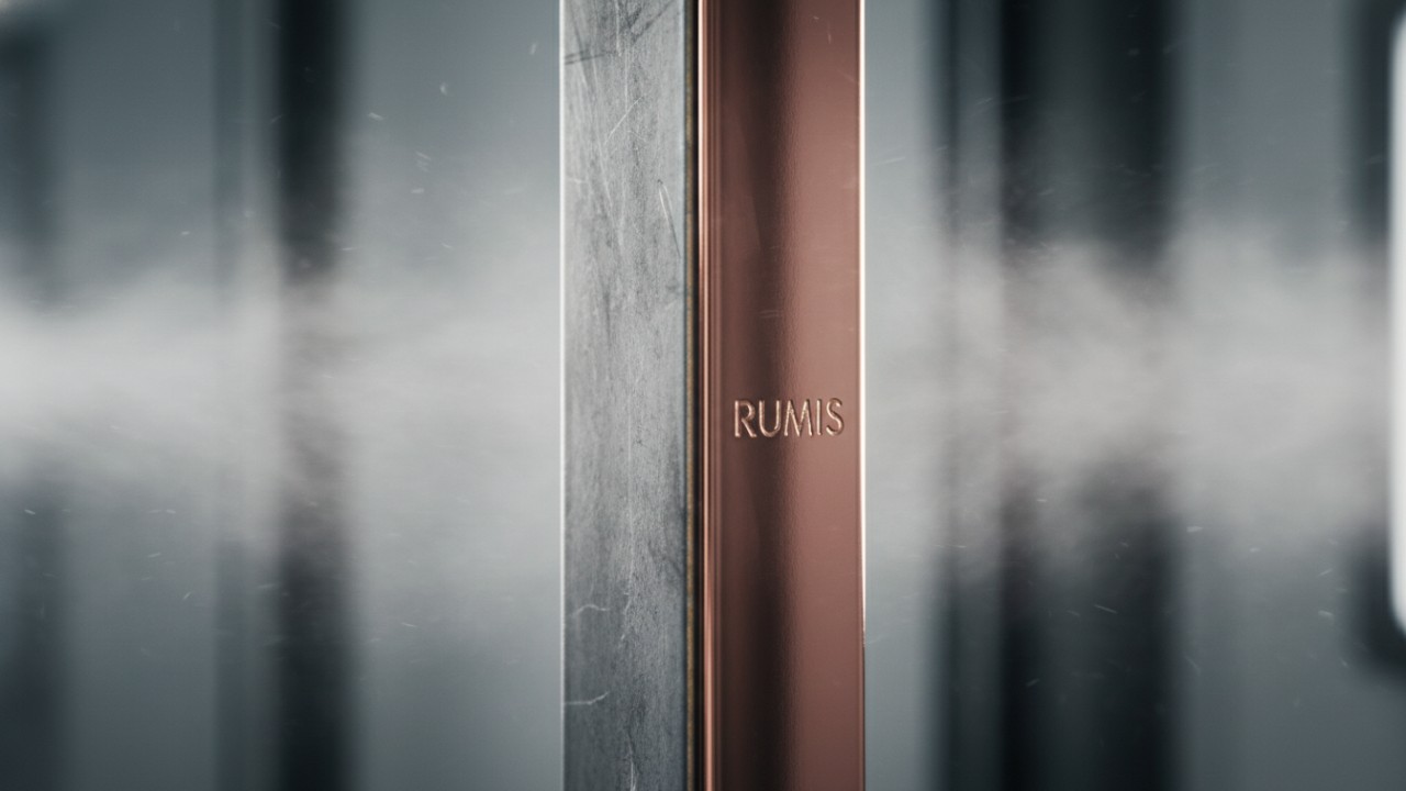 A close up view of a clothing rack transitioning from raw steel to a rose gold electroplated finish with the RUMIS logo etched on the frame.