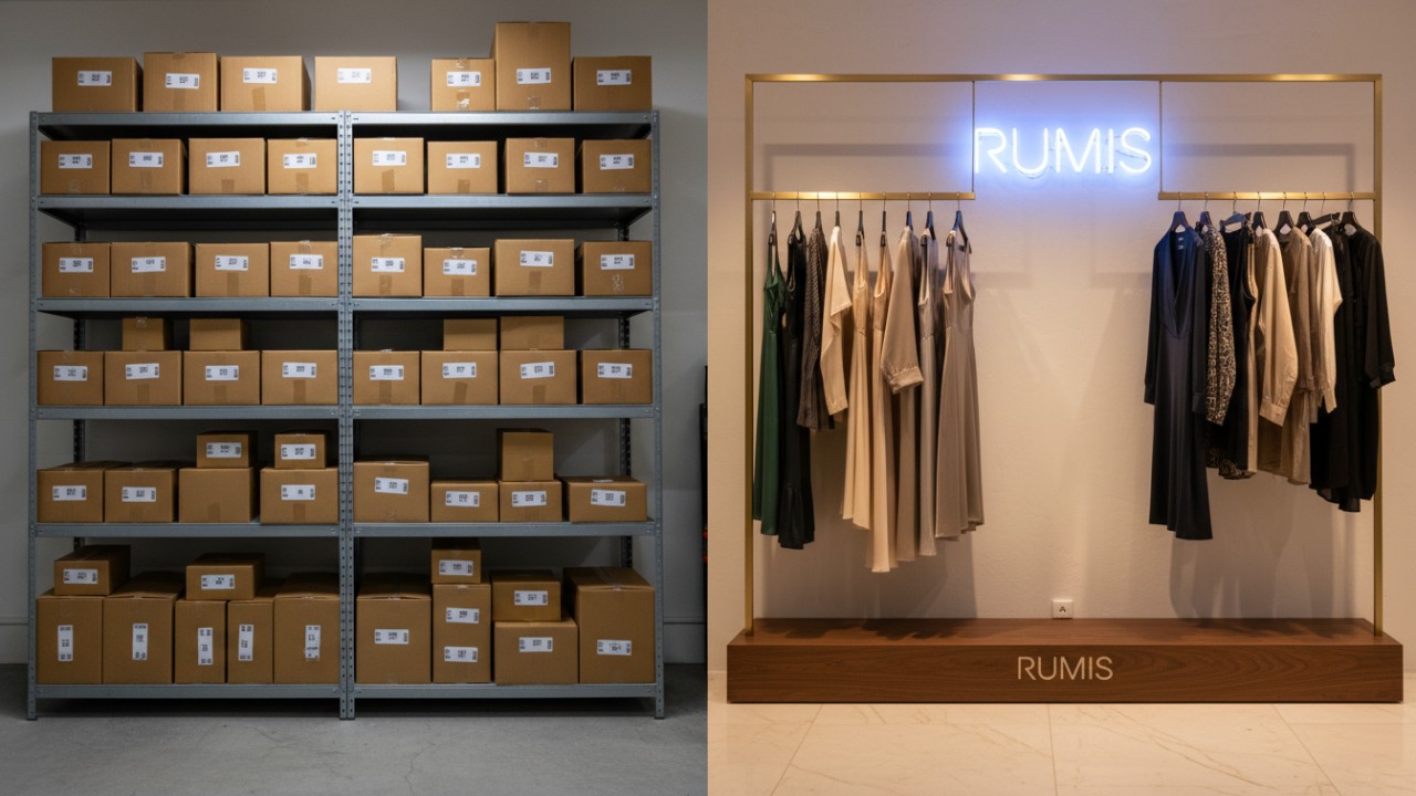 A comparison illustration showing a standard industrial retail gondola next to a premium bespoke fashion display featuring the RUMIS brand name