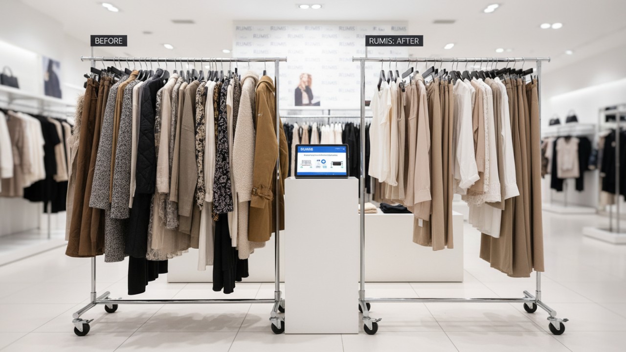 A comparison showing incorrect versus correct loading techniques for retail garment racks with the RUMIS brand visible.