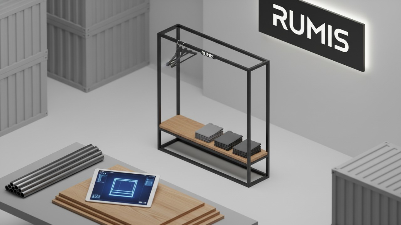 A conceptual illustration of materials and blueprints used to determine the price of RUMIS wholesale clothing display racks.