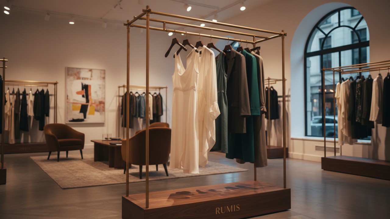 A custom retail clothing display rack made of brass and wood with the brand name RUMIS engraved on the base