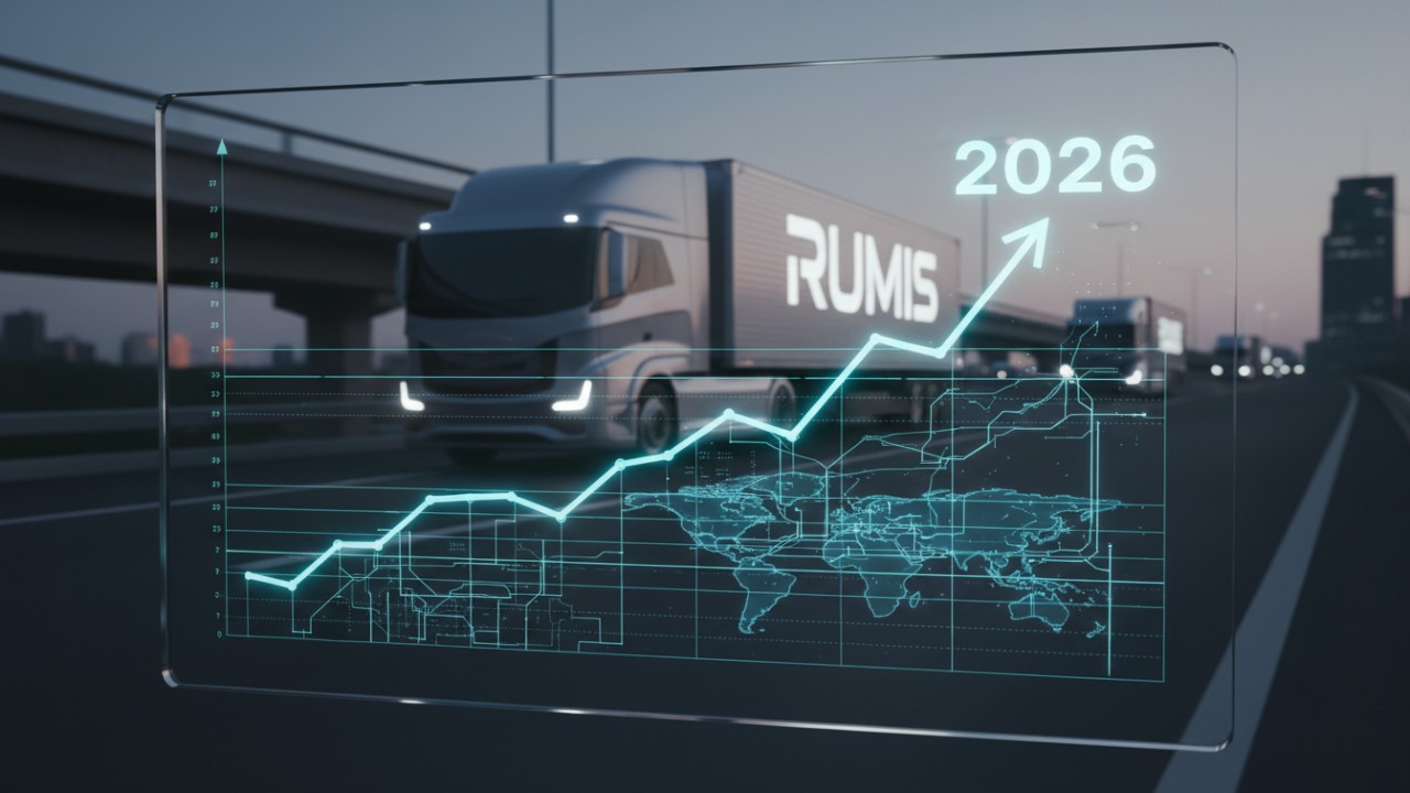 A data-driven logistics screen showing rising freight rate projections for 2026 with a RUMIS transport truck in the background.
