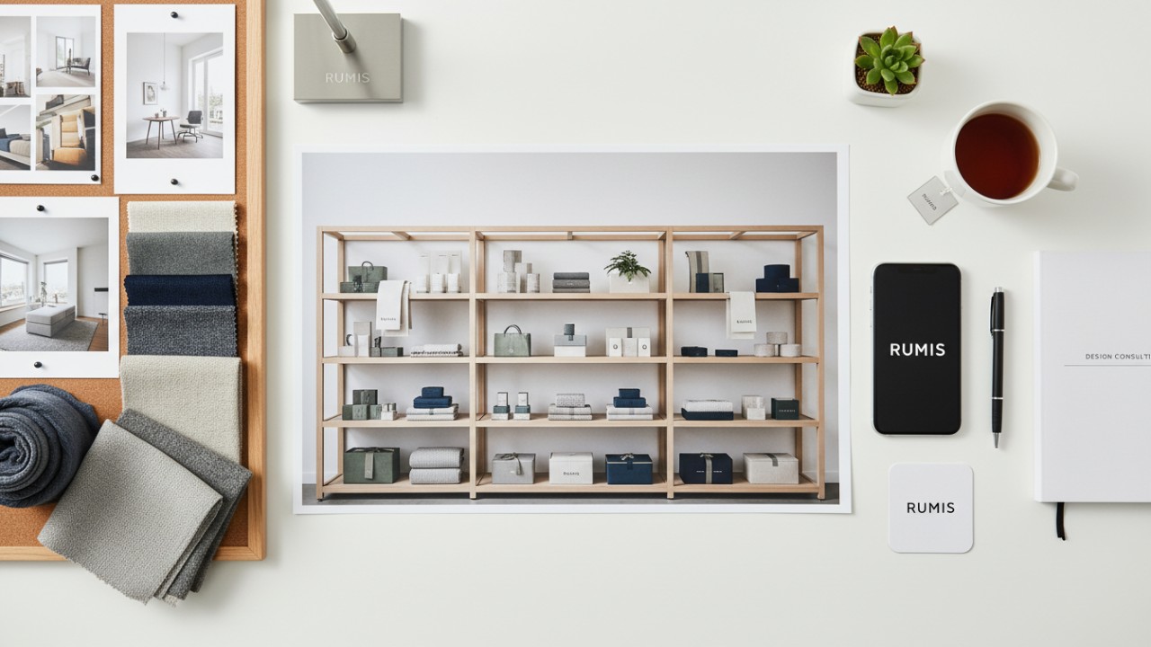 A designer mood board featuring RUMIS retail displays and visual merchandising planning materials.