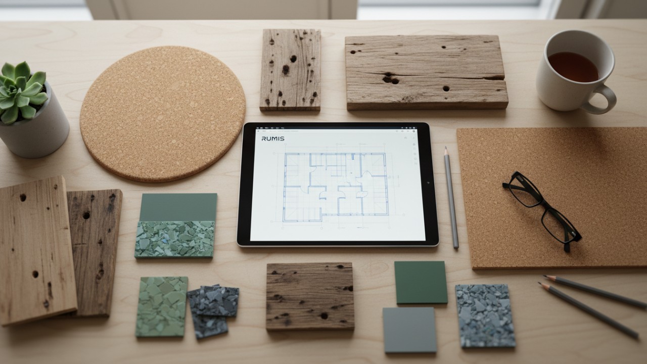 A designer's desk with sustainable material samples and a tablet showing a RUMIS brand retail floor plan.
