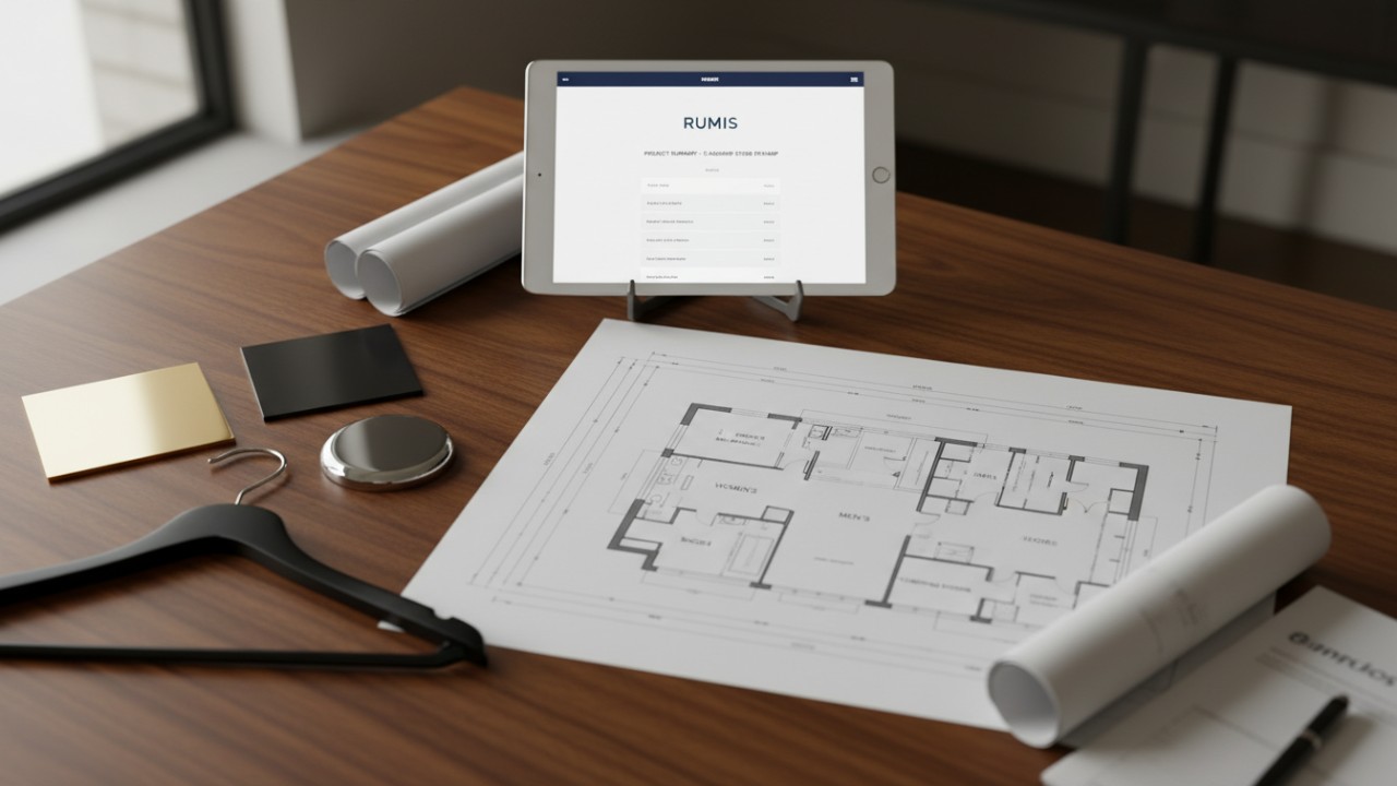 A designer workspace with metal finish samples and a tablet showing the RUMIS logo next to store blueprints.