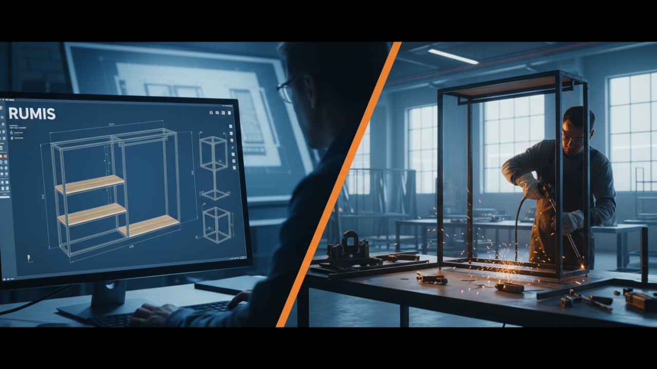 A digital illustration showing a 3D design on a screen and a physical clothing rack being manufactured in a workshop with the RUMIS brand name visible.