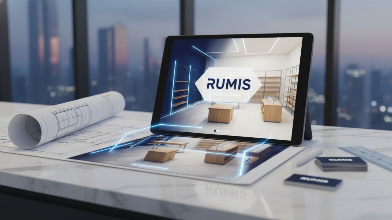 A digital render of a retail design blueprint and a tablet showing a RUMIS branded 3D store model.