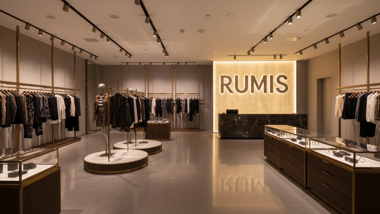 A finished luxury retail showroom featuring custom displays and a glowing RUMIS brand sign.