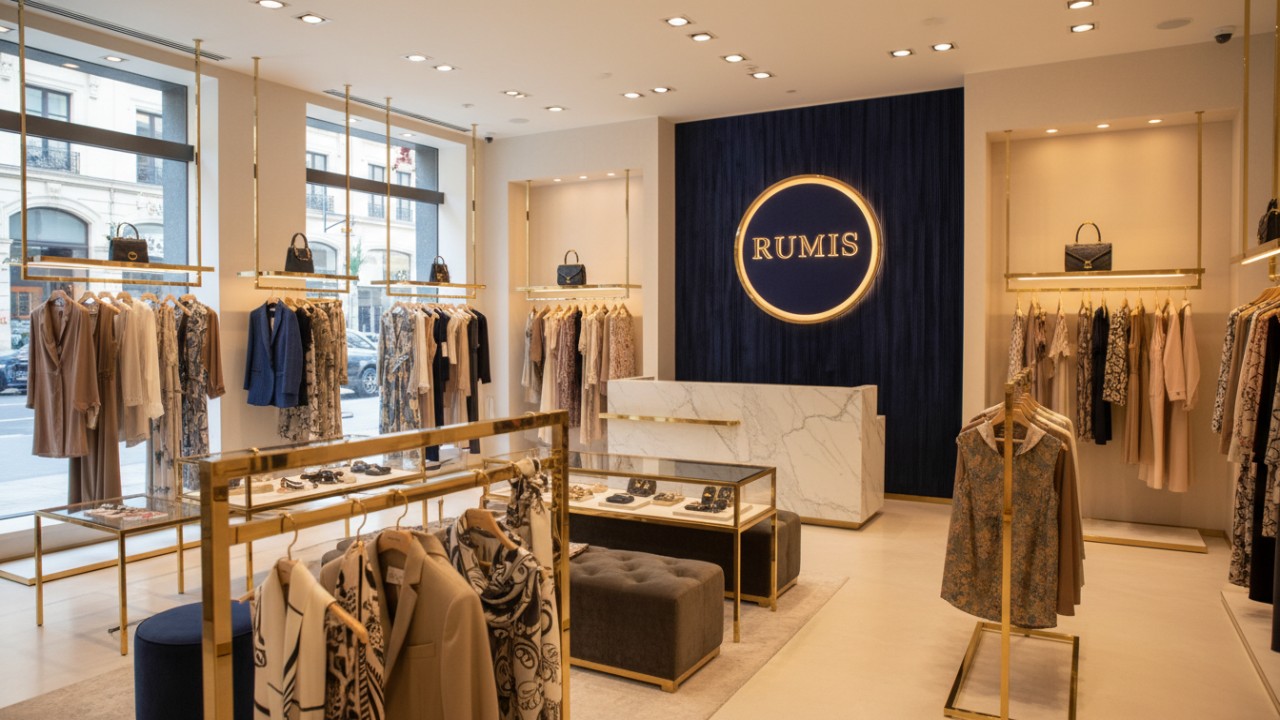 A finished luxury retail store interior showcasing RUMIS display racks as a successful fixture investment.
