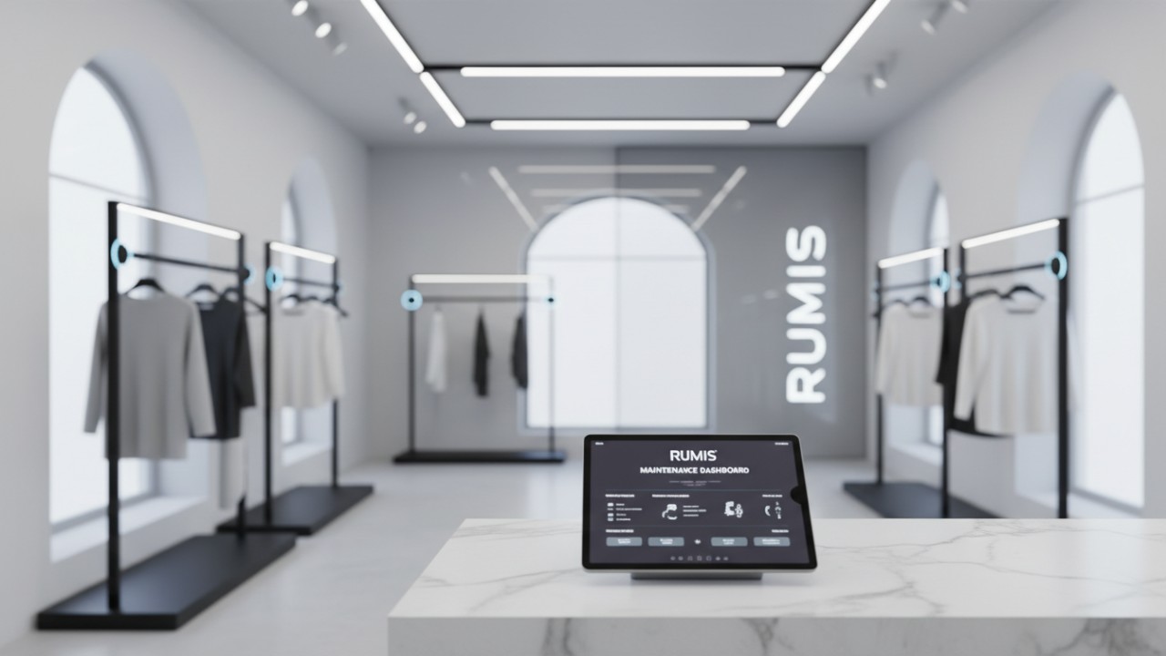 A futuristic 2026 retail store interior featuring smart metal racks and a digital maintenance screen with RUMIS branding