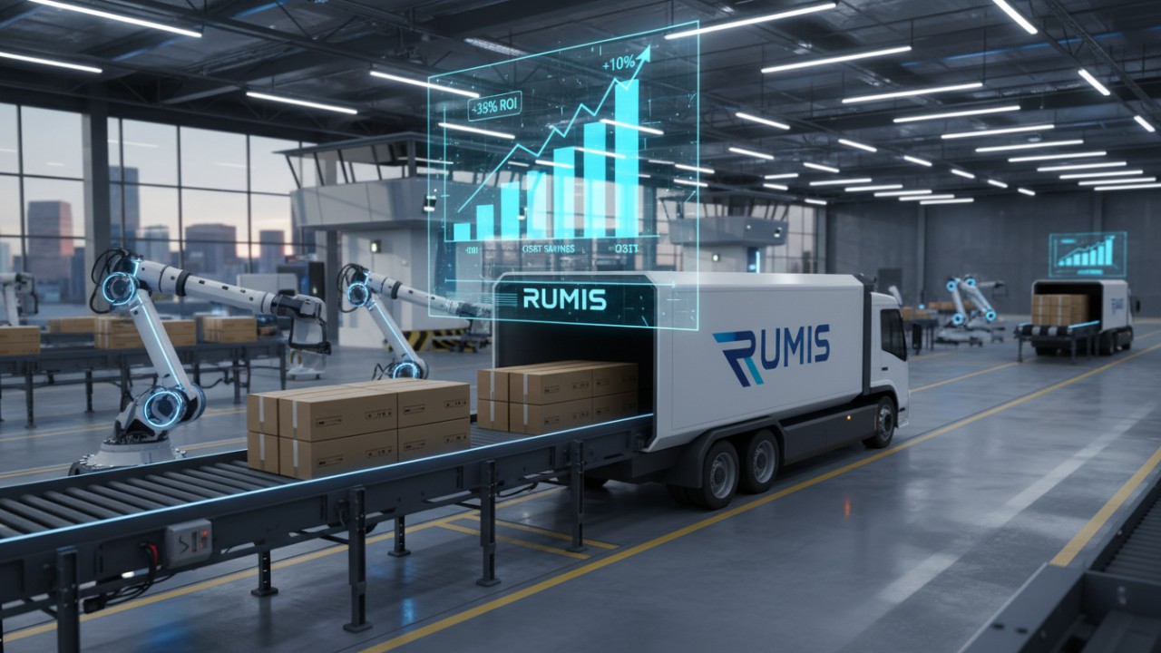 A futuristic logistics scene depicting RUMIS branded delivery trucks and flat-pack boxes with digital charts showing financial growth.