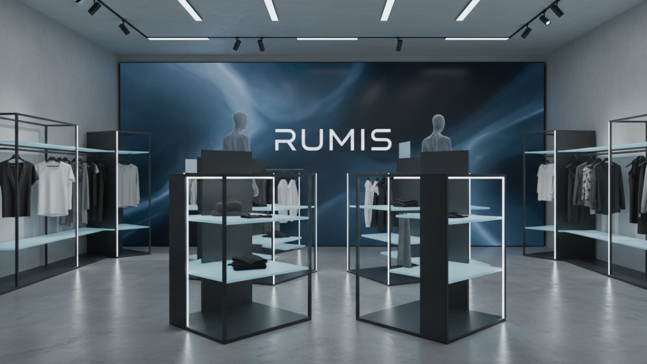 A futuristic store design for 2026 featuring modular racks and a digital screen displaying the RUMIS brand name