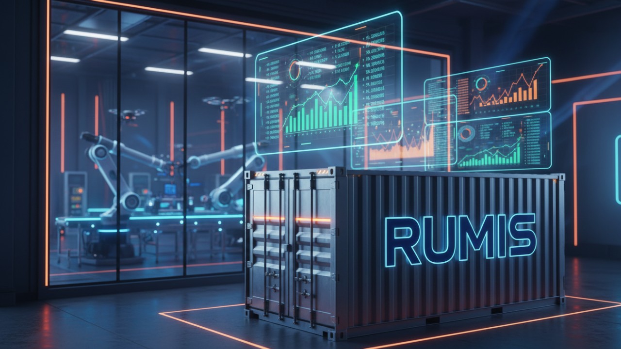 A futuristic visualization of 2026 manufacturing trends and material cost forecasting featuring the RUMIS brand logo.