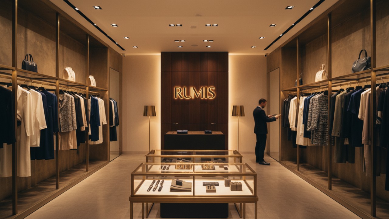 A high-end luxury fashion store interior featuring bespoke metal shelving and a backlit RUMIS brand sign on the wall.