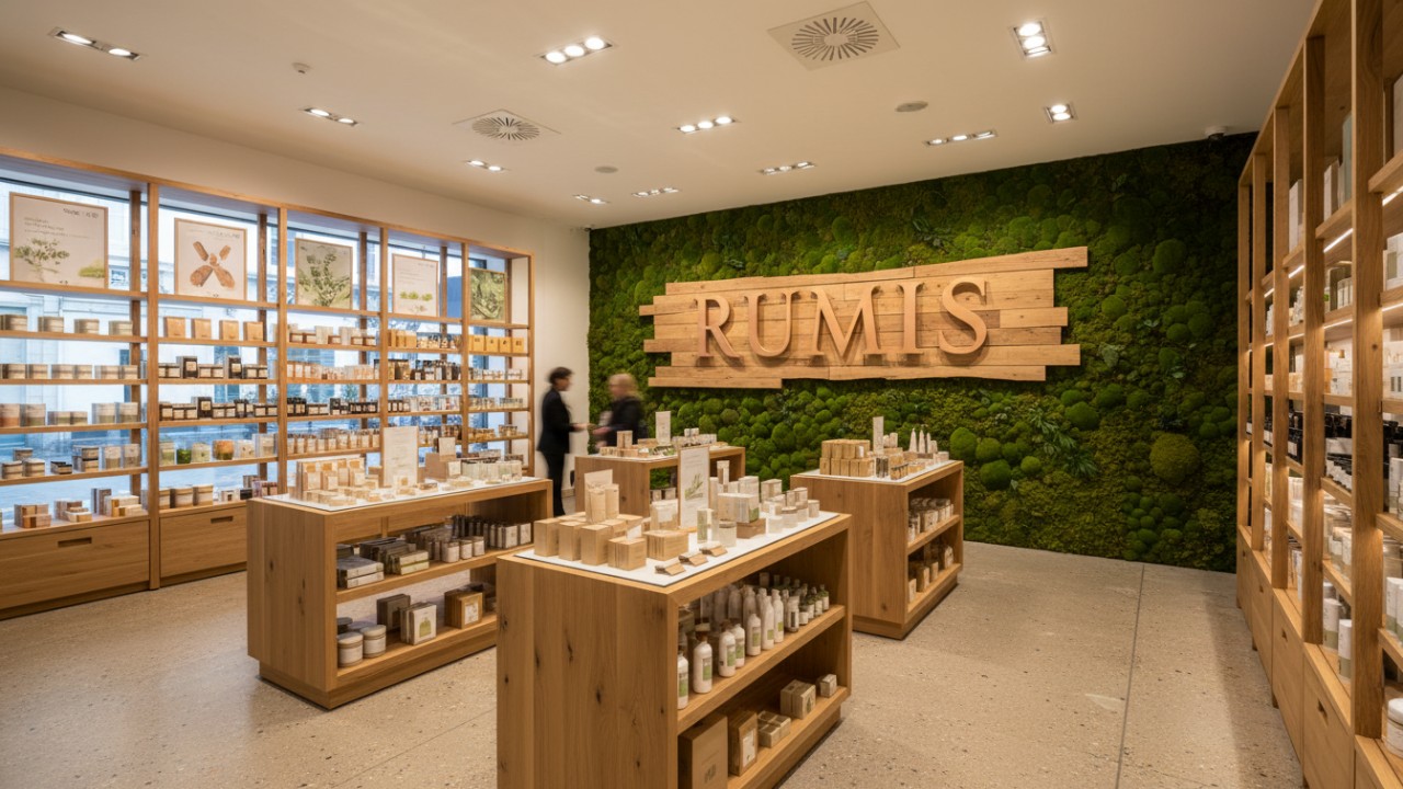 A luxurious and eco-friendly retail store interior featuring a large RUMIS brand sign on a reclaimed wood wall.
