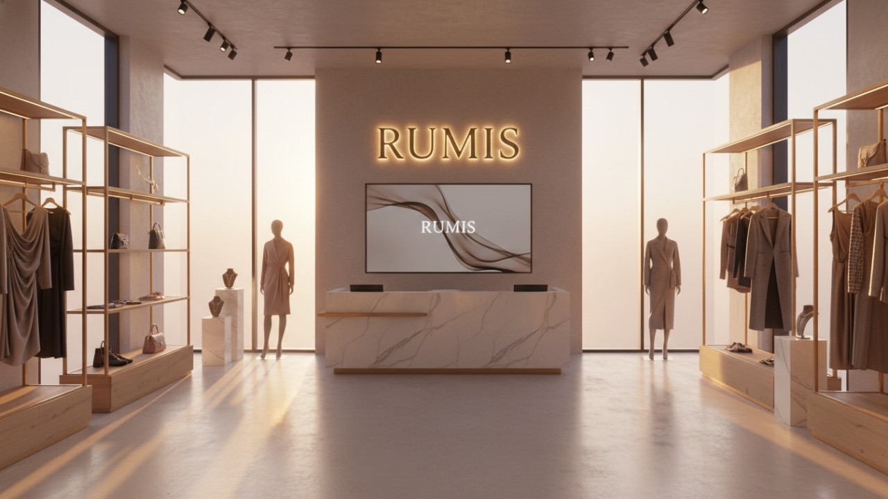 A luxurious fashion boutique interior with high-end clothing displays and the RUMIS brand name illuminated on the wall