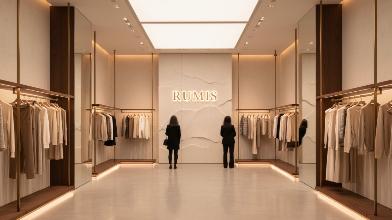 A luxurious retail store interior displaying finished custom clothing racks and a backlit RUMIS brand sign on the wall.