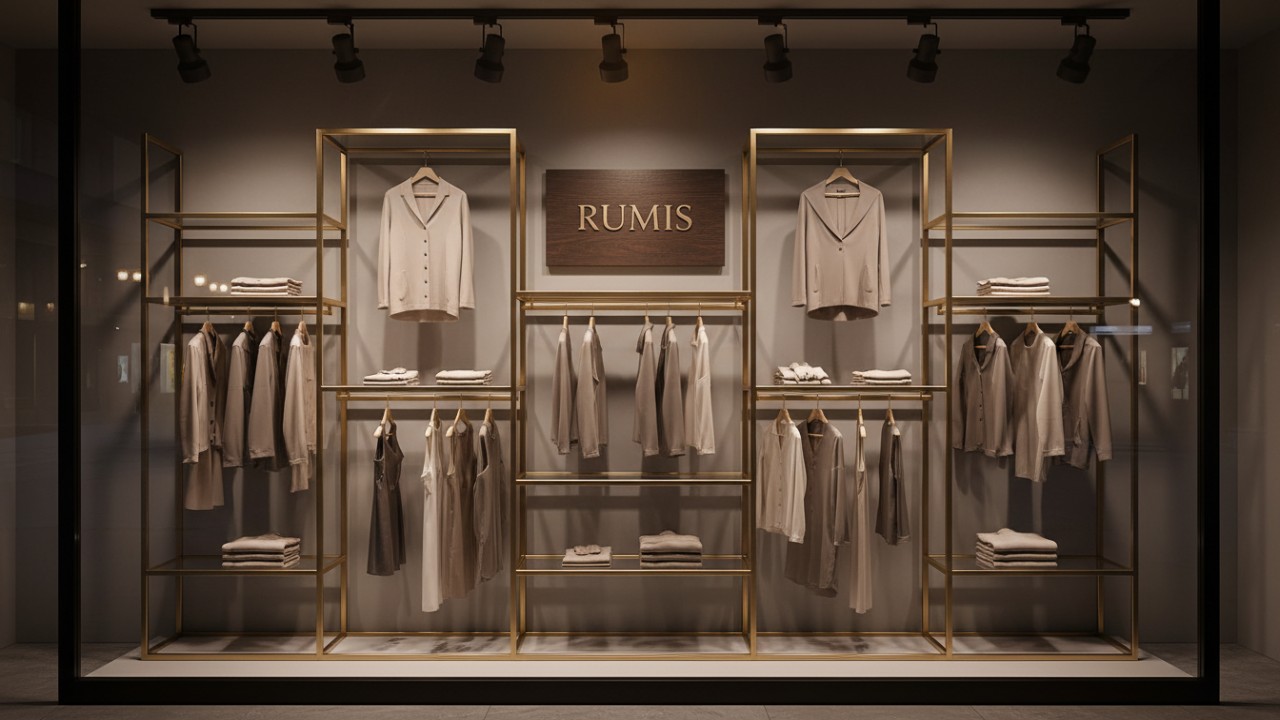 A luxury retail window display with modular shelving and RUMIS branding showing organized clothing.