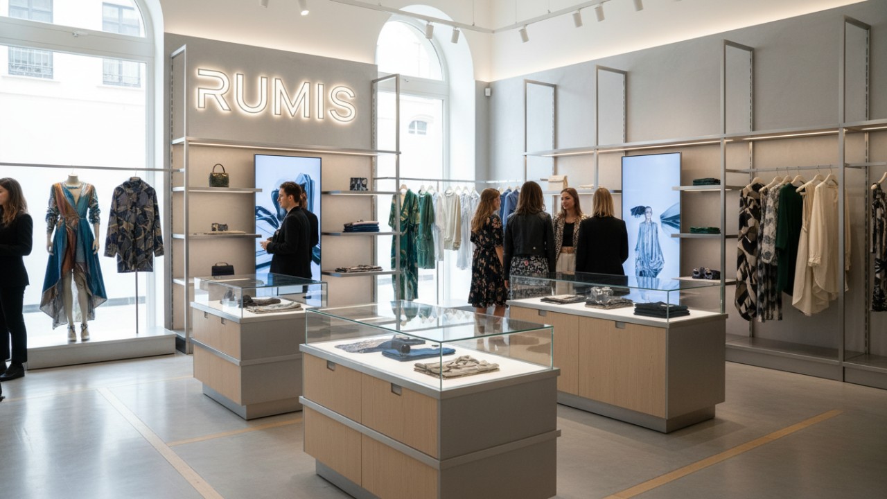 A modern 2026 retail store layout featuring advanced shelving fixtures and a backlit RUMIS sign.