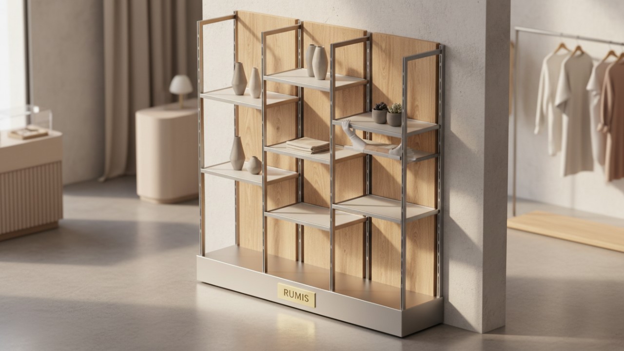 A modern 3D illustration of an adjustable modular retail shelving system with the brand name RUMIS engraved on the base