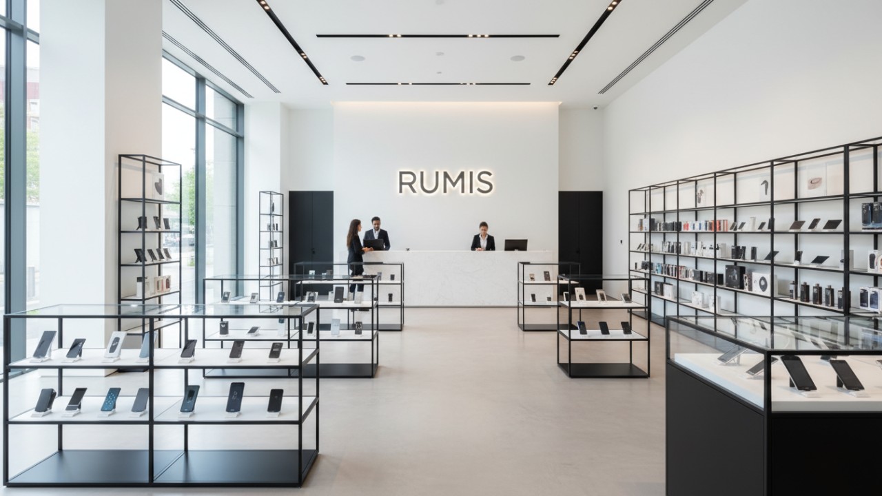 A modern and clean retail store interior featuring the RUMIS brand name on the wall representing successful fixture implementation.