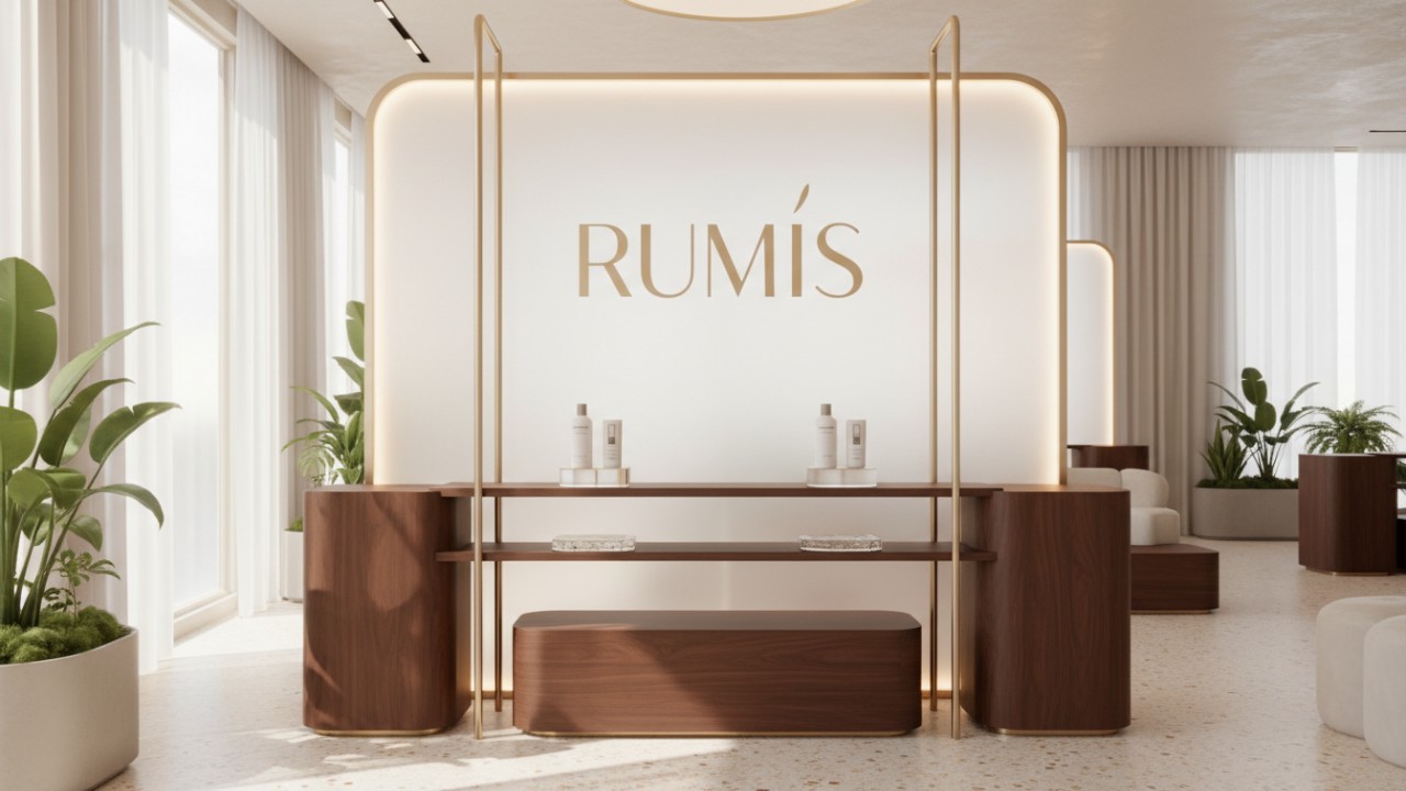 A modern hybrid clothing display made of dark walnut and gold metal featuring a backlit RUMIS logo in a high-end boutique setting.