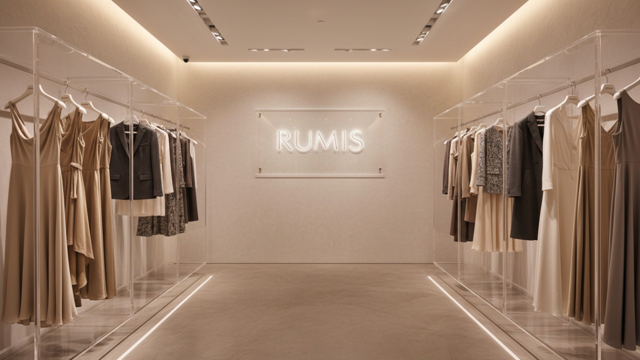 A modern luxury clothing store interior featuring clear acrylic display racks and the brand name RUMIS on a wall plaque.