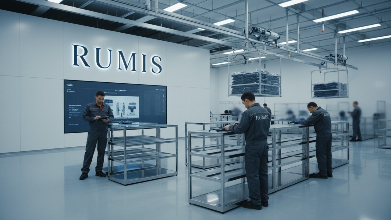 A modern manufacturing facility showing the production of premium clothing display shelves with the RUMIS brand name on the wall