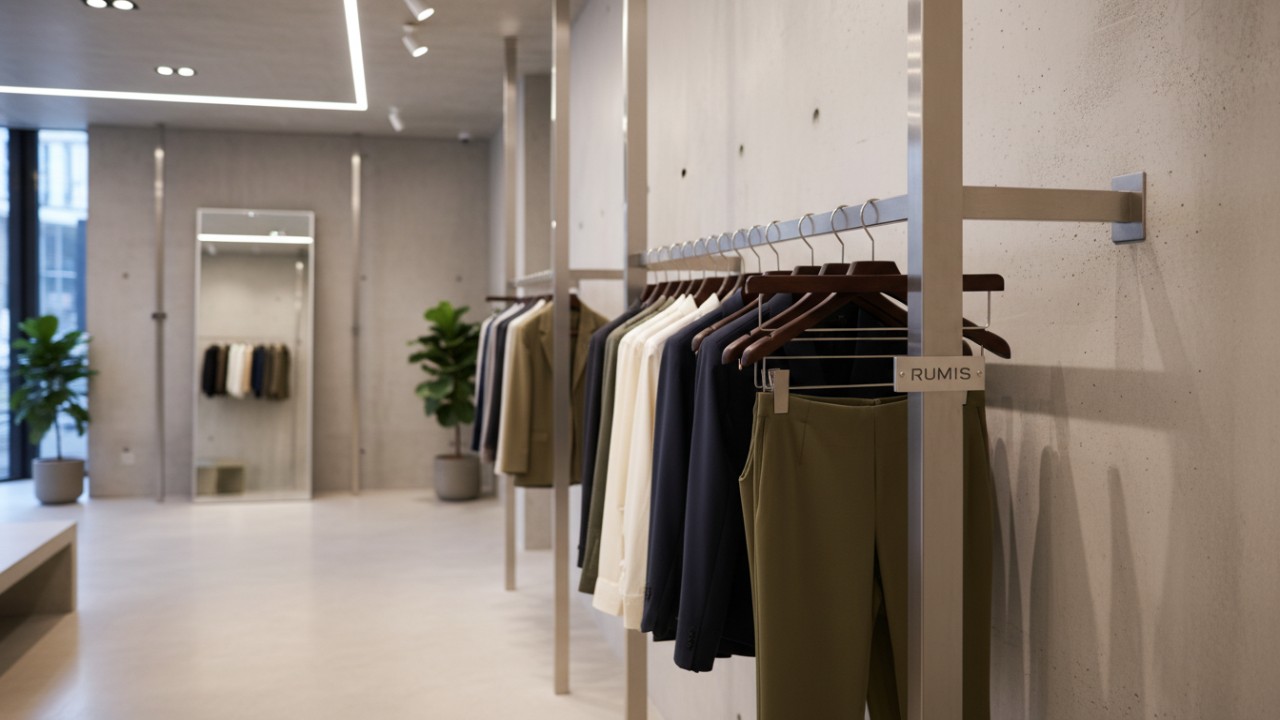 A modern retail boutique interior showing heavy duty wall mounted clothing racks with the RUMIS brand name engraved on a metal plaque.