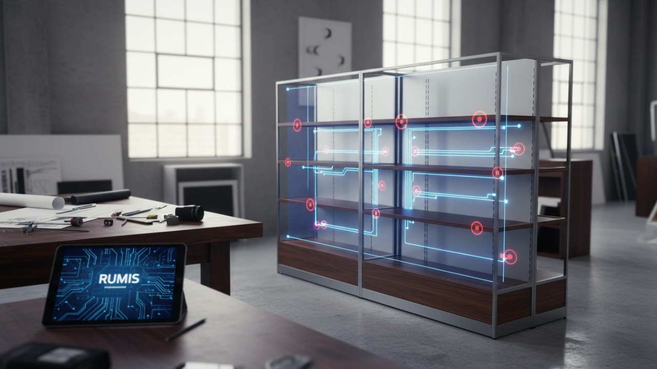 A professional 3D render of a retail display unit with digital blueprint overlays and a tablet showing the RUMIS brand name.