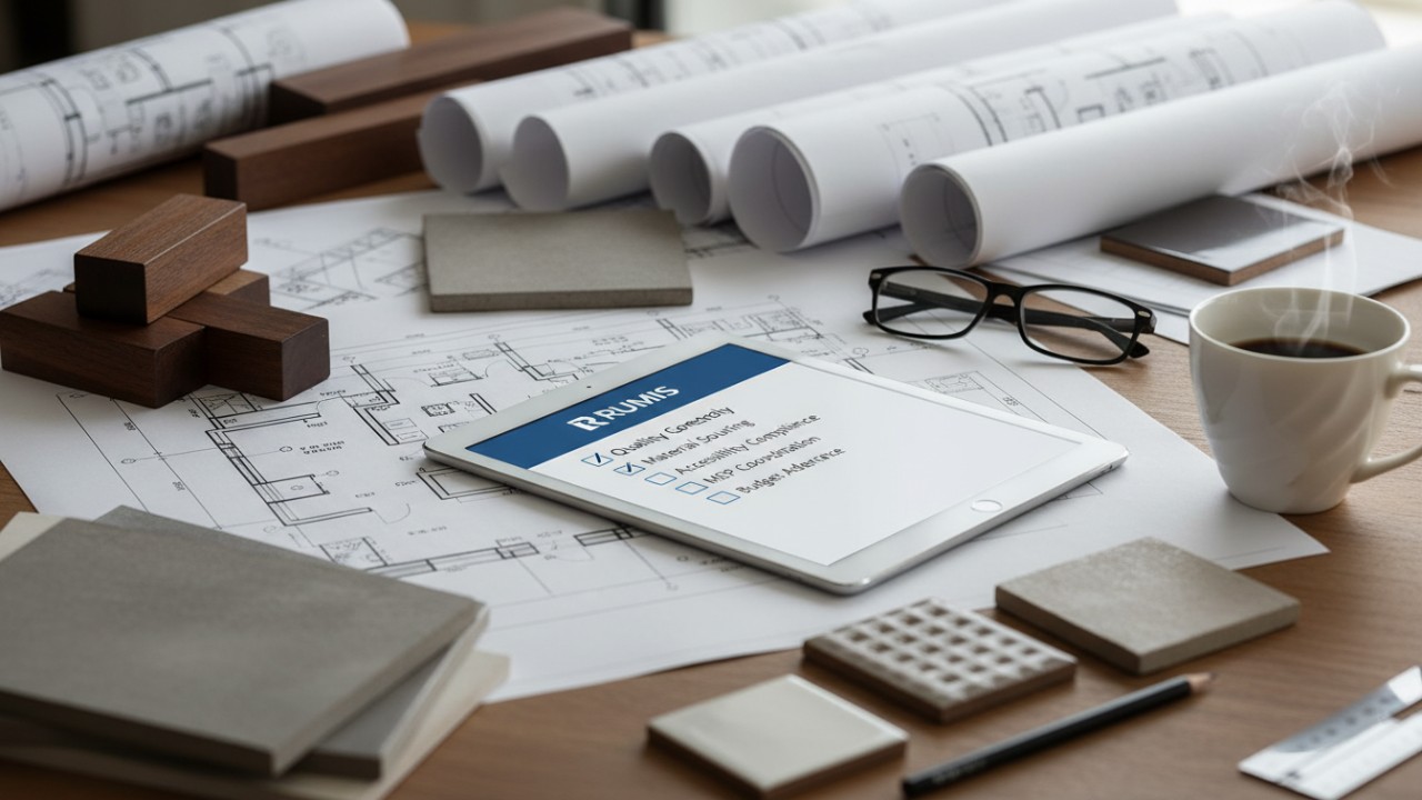 A professional workspace with retail floor plans and a digital tablet showing the RUMIS logo symbolizing expert planning