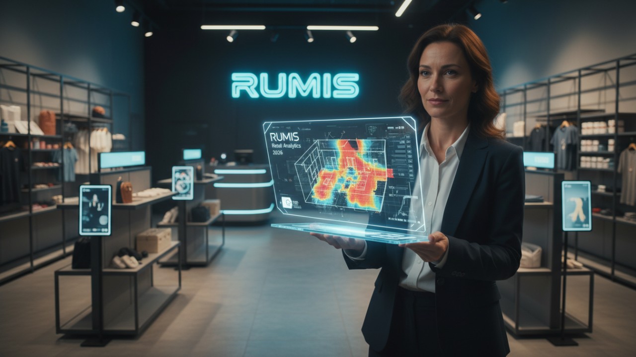 A retail manager analyzing a digital traffic heat map and store layout optimization on a tablet with RUMIS branding in the background.