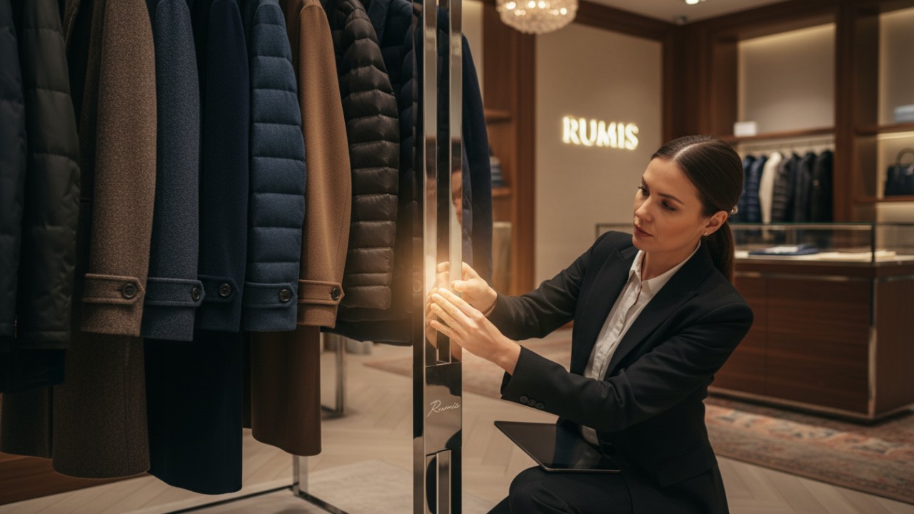 A retail manager inspecting a sturdy chrome clothing rack with the RUMIS logo in a luxury boutique setting