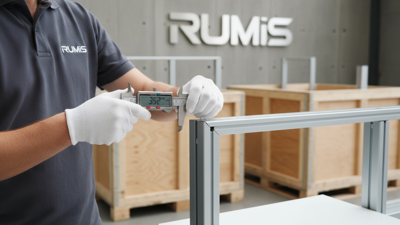 A RUMIS quality control inspector using a digital caliper to measure a metal fixture in a factory.