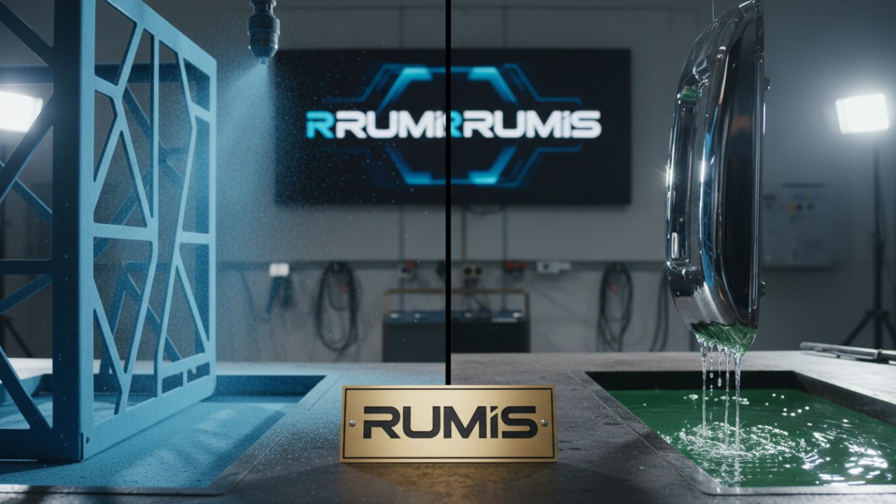 A side by side comparison of a powder coated matte finish and a shiny electroplated finish on metal retail racks with the RUMIS logo on a central plaque.