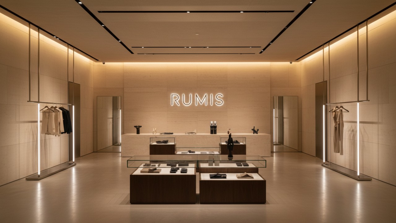 A sophisticated modern retail store interior featuring high-end fixtures and a prominent RUMIS brand sign.