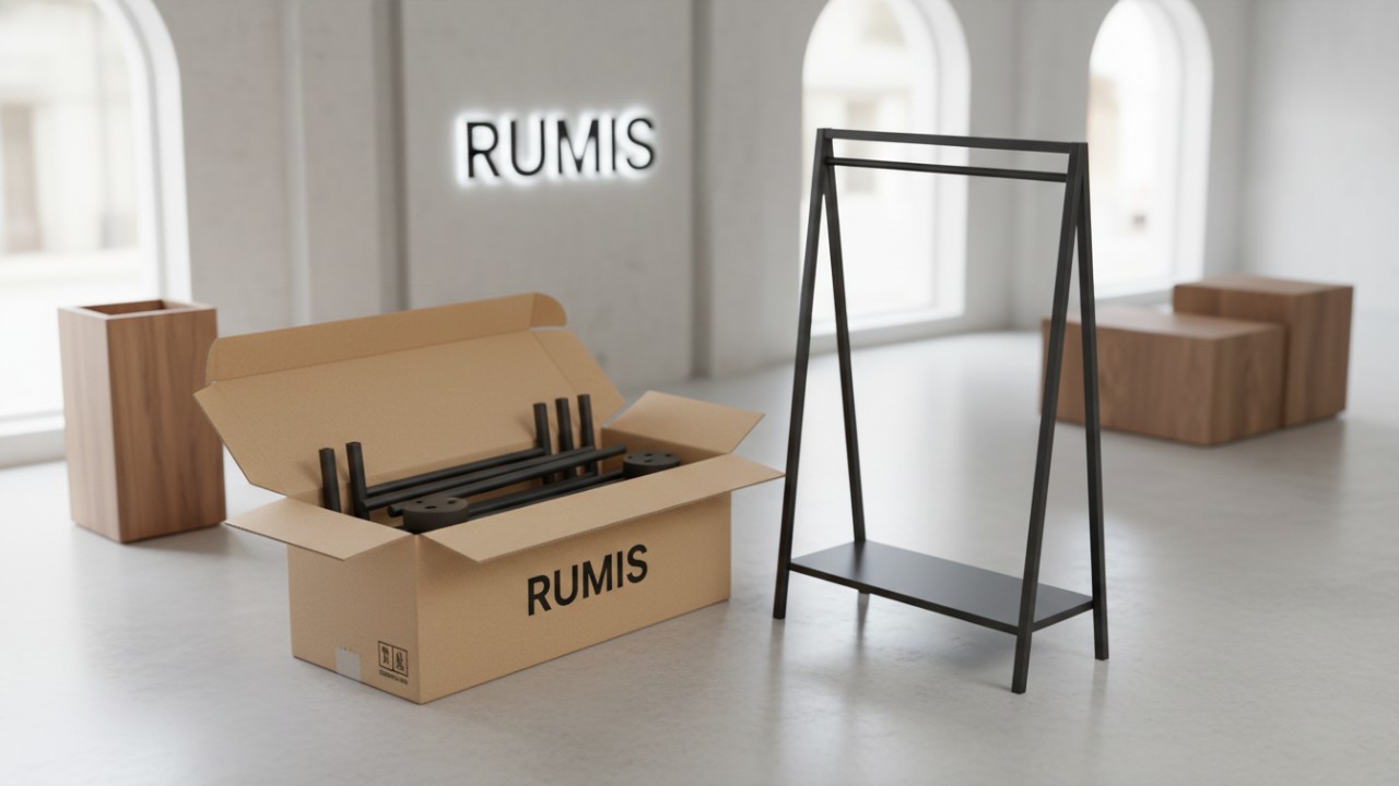 A split illustration showing RUMIS retail clothing racks in both their disassembled flat-pack state and fully assembled form.