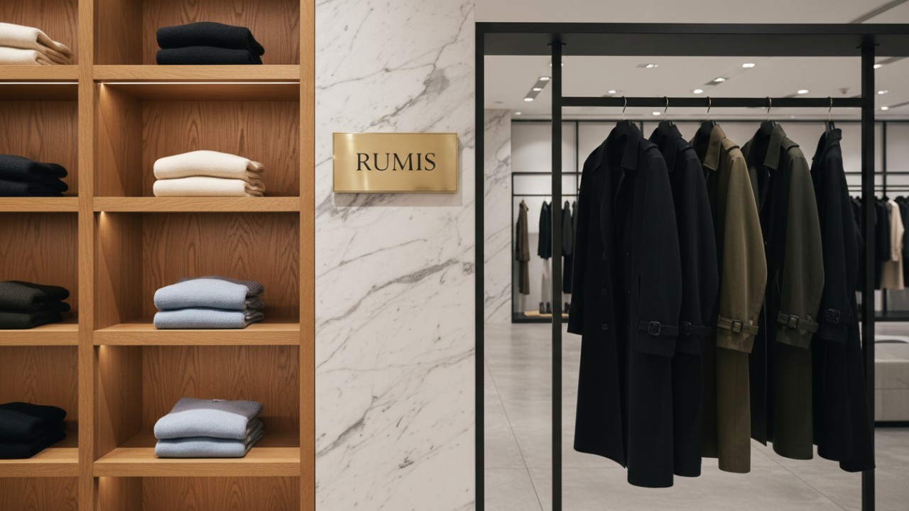 A split view comparing warm wooden shelves and modern metal clothing racks in a luxury retail store with the RUMIS brand name visible on a central pillar.