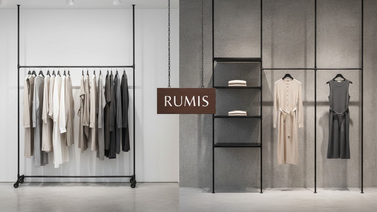 A split view showing a freestanding mobile clothing rack and a wall mounted display system inside a RUMIS fashion store.
