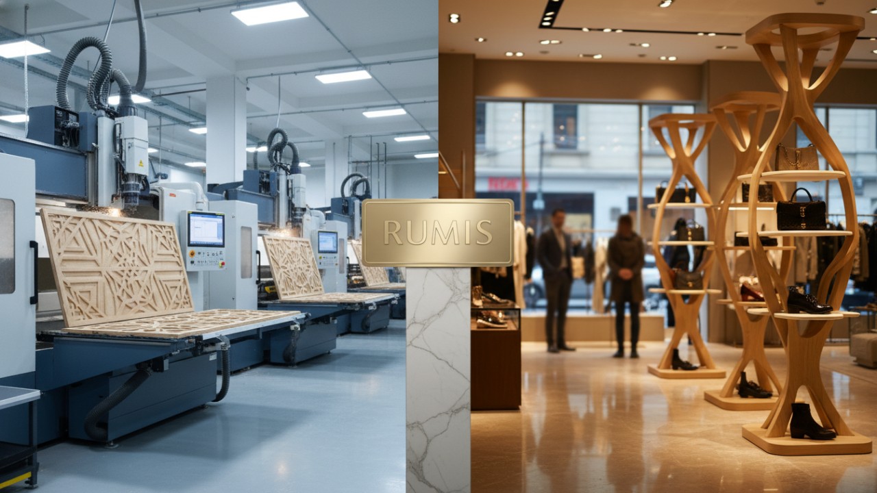 A split view showing the manufacturing of retail fixtures and a finished luxury boutique display with RUMIS branding.