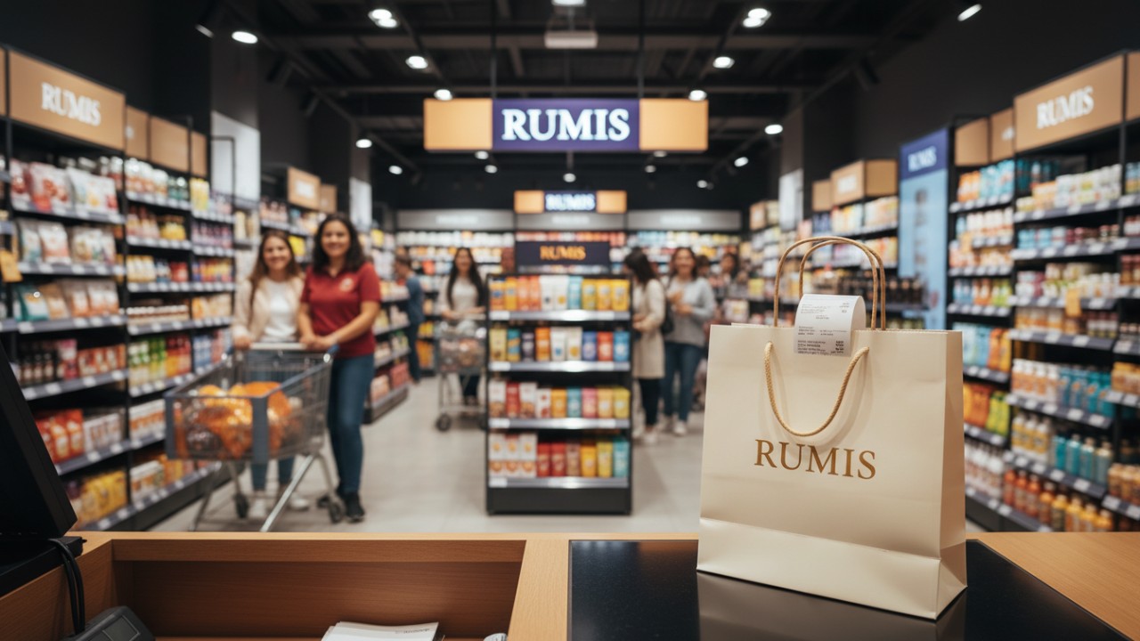 A successful retail store scene with a RUMIS branded shopping bag in the foreground and a busy shop floor in the background.