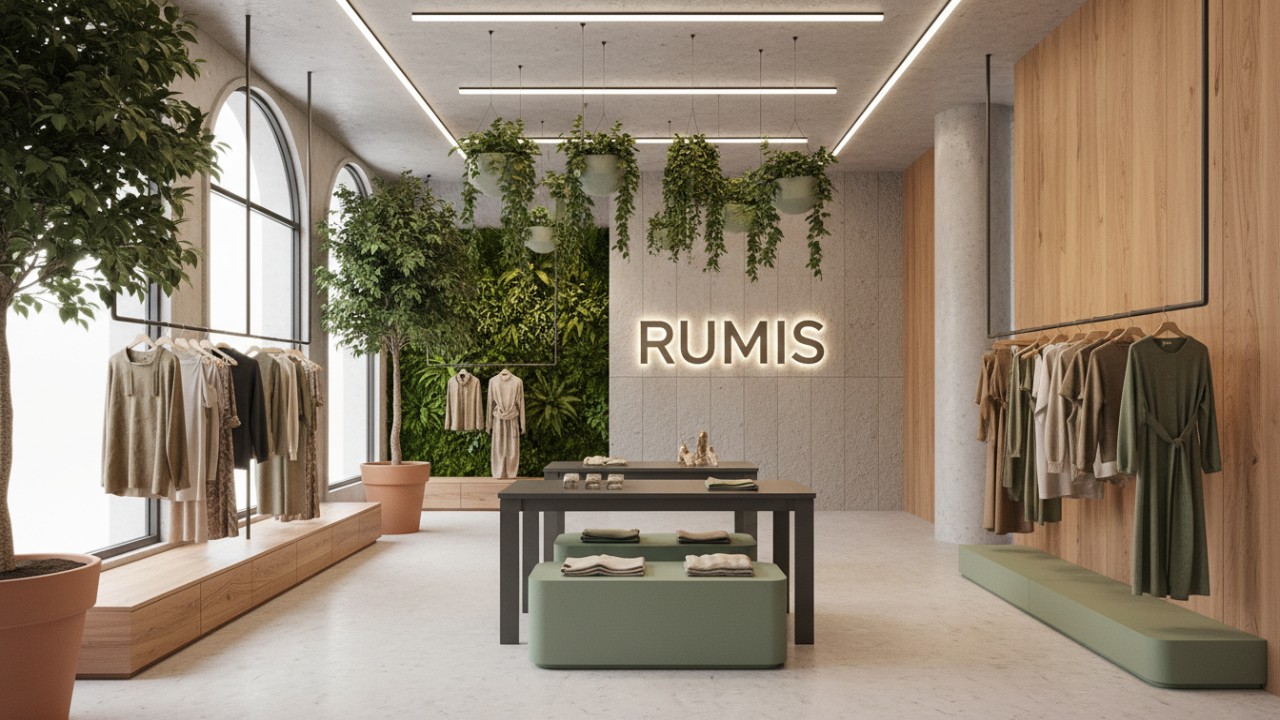 A sustainable and futuristic retail store design for 2026 featuring eco-friendly displays and the RUMIS brand name on a backlit wall.