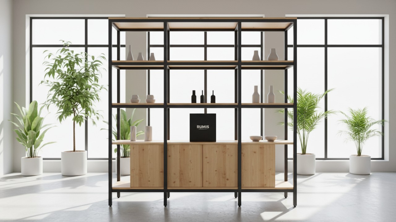 A sustainable retail display shelf made of bamboo and recycled metal with RUMIS brand packaging displayed on the unit.