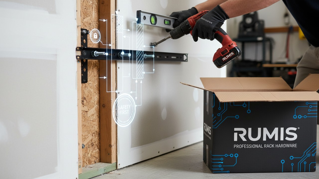 A technical illustration of a retail wall rack being correctly installed into a structural stud with a RUMIS branded box nearby.