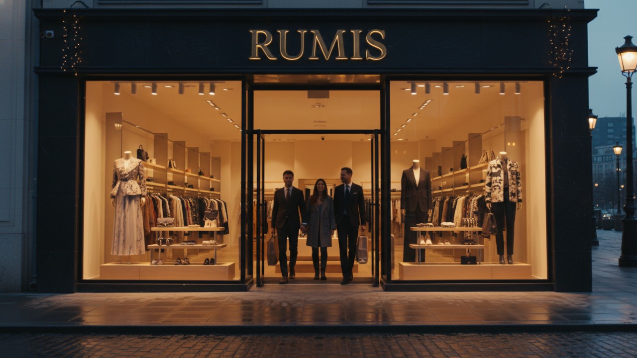 A welcoming boutique storefront with the RUMIS logo and a bright window display at twilight.