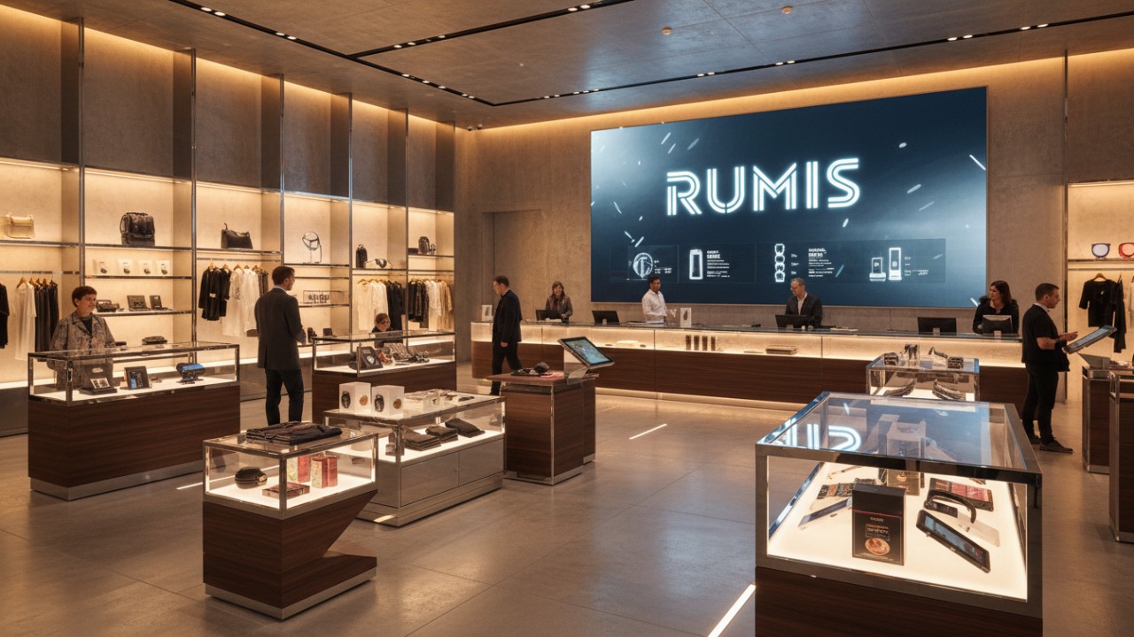 A wide architectural illustration of a futuristic and organized retail store interior featuring the RUMIS brand logo on a digital screen