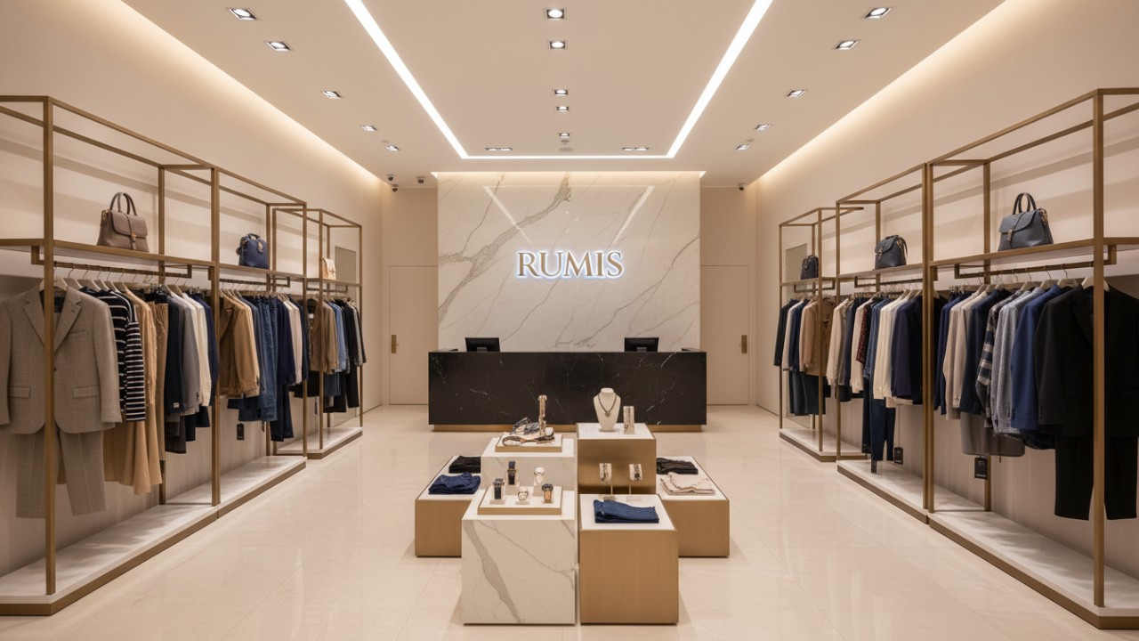 A wide shot of a luxury clothing store interior with a RUMIS sign above the main display area