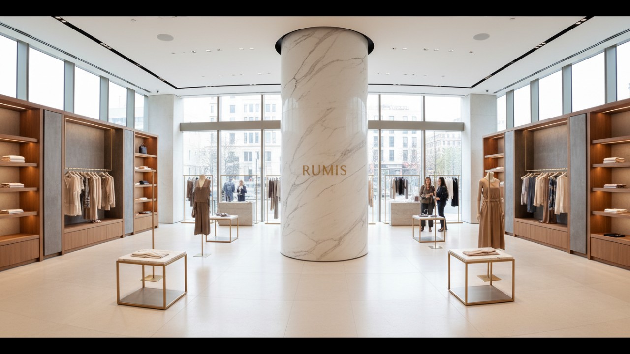 A wide shot of a perfectly balanced and harmoniously designed clothing boutique featuring RUMIS branding and an optimized rack layout.