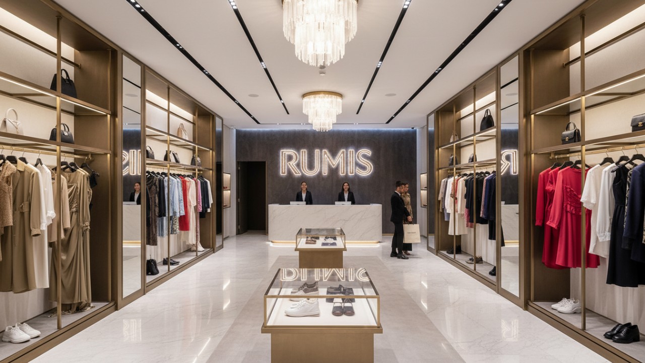 A wide view of a luxury clothing store with organized wall displays and a prominent RUMIS neon sign in the background.