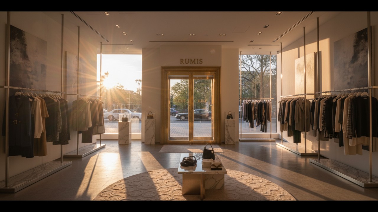 A wide view of a perfectly maintained luxury fashion showroom with the RUMIS brand name on the entrance glass